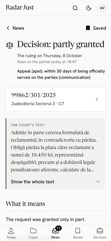 An update: Decision: partly granted, case 99862/301/2025, the deadline for an appeal and the court’s text, followed by what it means, said simply.