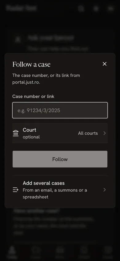 The Follow a case sheet: the case number or link, and the optional court.