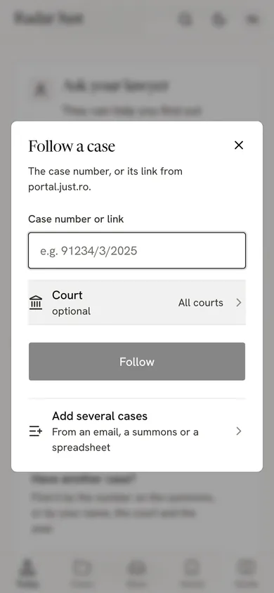 The Follow a case sheet: the case number or link, and the optional court.