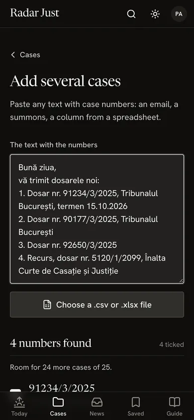 The Add several cases sheet: a pasted email with four case numbers, the button for a .csv or .xlsx file, the 4 numbers found and ticked, and the room left in the account.