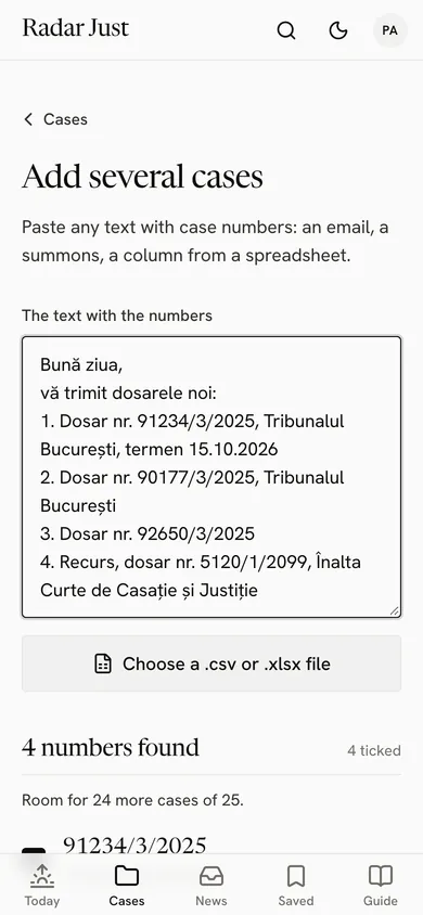 The Add several cases sheet: a pasted email with four case numbers, the button for a .csv or .xlsx file, the 4 numbers found and ticked, and the room left in the account.