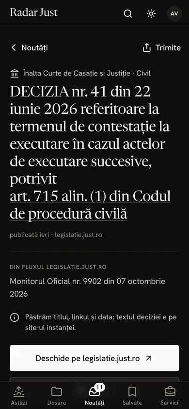 O decizie a ÎCCJ în materie civilă, despre termenul de contestație la executare, cu articolul de lege subliniat ca link și butonul care deschide textul oficial.