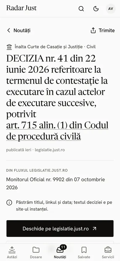 O decizie a ÎCCJ în materie civilă, despre termenul de contestație la executare, cu articolul de lege subliniat ca link și butonul care deschide textul oficial.