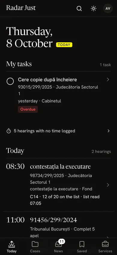 Today for a lawyer: the tasks, then today’s hearings, each with the court, the panel and the place on the list.