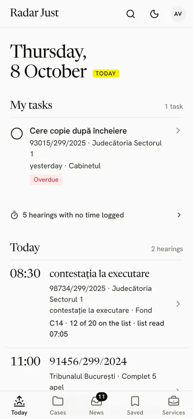 Today for a lawyer: the tasks, then today’s hearings, each with the court, the panel and the place on the list.