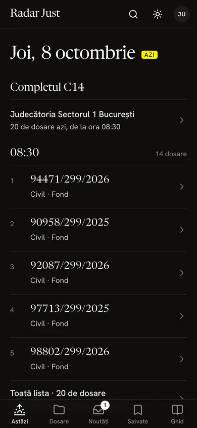 Astăzi pentru un judecător: completul C14, cu 20 de dosare azi, de la ora 08:30, în ordinea de pe listă.