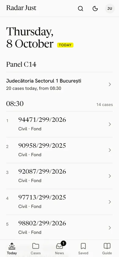 Today for a judge: panel C14, with 20 cases today from 08:30, in the order of the list.