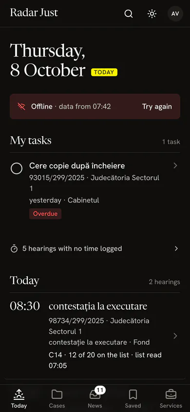The Today screen offline: the banner that says so, over the day's hearings kept on the phone.