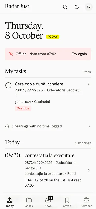 The Today screen offline: the banner that says so, over the day's hearings kept on the phone.