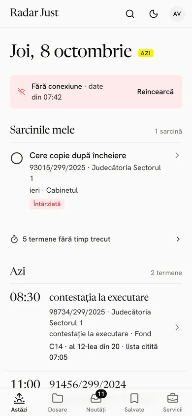 Ecranul Astăzi fără conexiune: bannerul care spune asta, peste termenele zilei păstrate pe telefon.