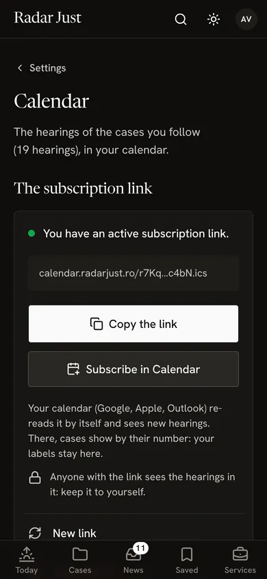 The Calendar screen: the subscription link, the buttons that copy it or add it to a calendar.