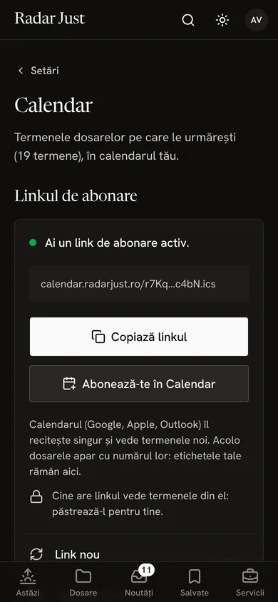 Ecranul Calendar: linkul de abonare activ, butoanele Copiază linkul și Abonează-te în Calendar, nota că dosarele apar acolo cu numărul și că linkul trebuie păstrat pentru tine.