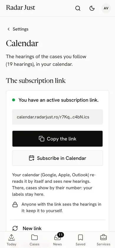 The Calendar screen: the subscription link, the buttons that copy it or add it to a calendar.