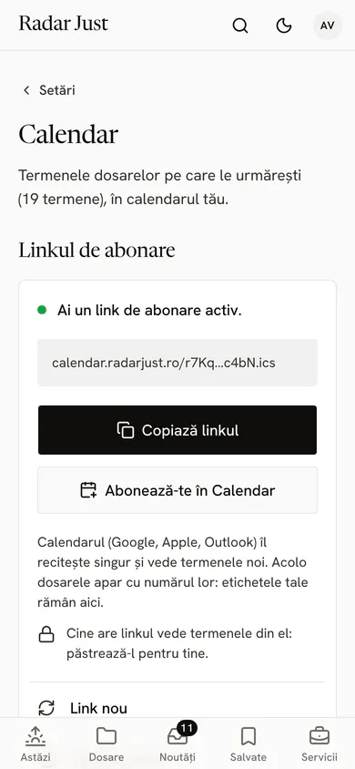 Ecranul Calendar: linkul de abonare activ, butoanele Copiază linkul și Abonează-te în Calendar, nota că dosarele apar acolo cu numărul și că linkul trebuie păstrat pentru tine.