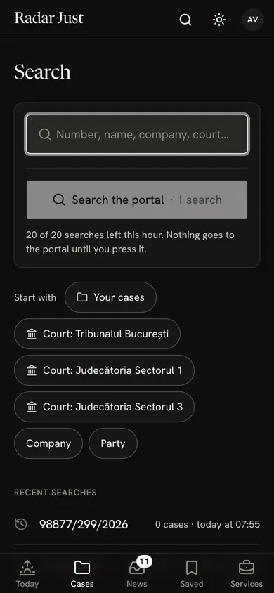 The Search screen: the field for a number, a name, a company or a court and the button that searches the courts, with its cost.