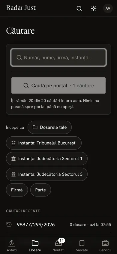 Ecranul Căutare: câmpul gol, butonul Caută pe portal cu costul de o căutare, cele 20 de căutări rămase în oră și cipurile cu care poți începe.