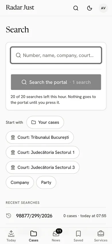 The Search screen: the field for a number, a name, a company or a court and the button that searches the courts, with its cost.