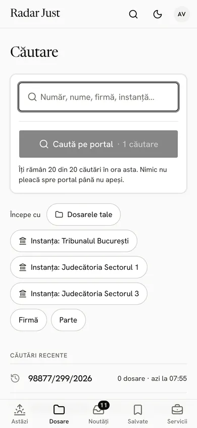 Ecranul Căutare: câmpul gol, butonul Caută pe portal cu costul de o căutare, cele 20 de căutări rămase în oră și cipurile cu care poți începe.
