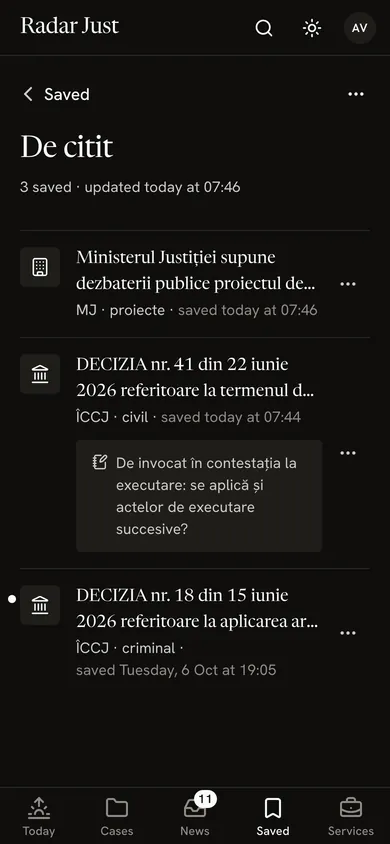 The To read group: a Ministry of Justice item and two ÎCCJ decisions, with your note.