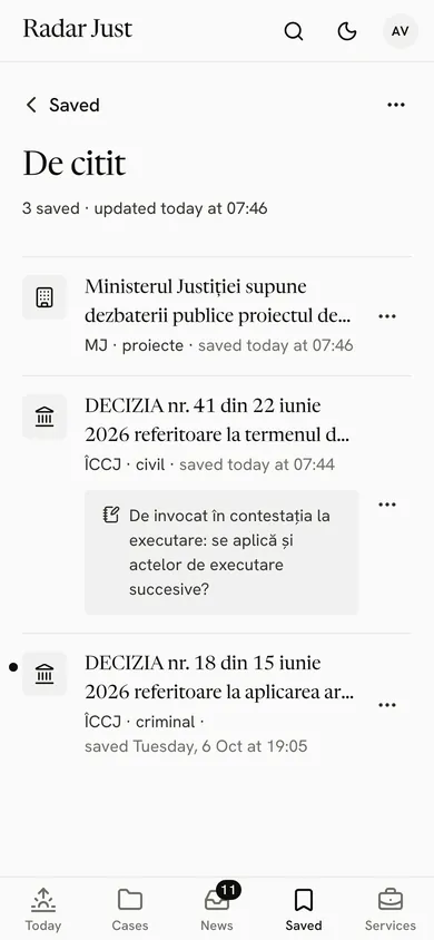 The To read group: a Ministry of Justice item and two ÎCCJ decisions, with your note.