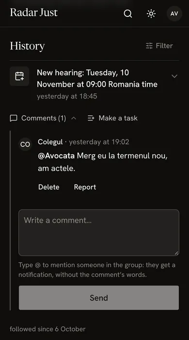 A group case’s history: the new hearing of 10 November, with Comments and Make a task under it, then the colleague’s comment.