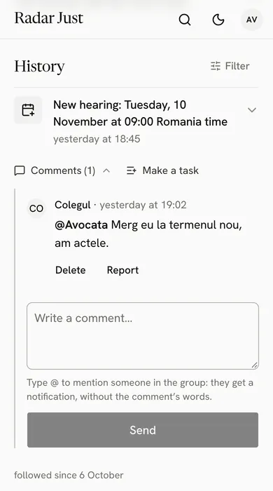 A group case’s history: the new hearing of 10 November, with Comments and Make a task under it, then the colleague’s comment.