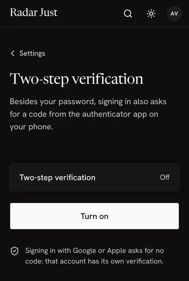 Settings, Two-step verification: besides the password, a code from the authenticator app; the state Off, the Turn on button and the note that signing in with Google or Apple asks for no code.
