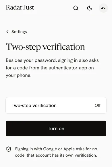 Settings, Two-step verification: besides the password, a code from the authenticator app; the state Off, the Turn on button and the note that signing in with Google or Apple asks for no code.