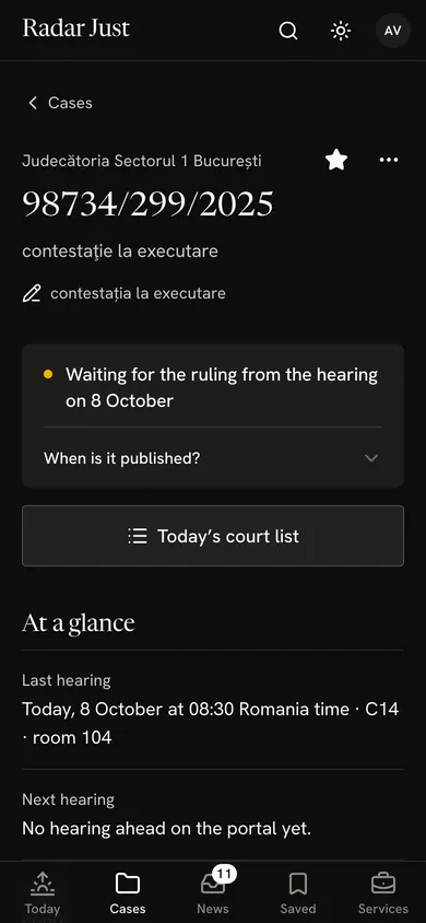 A case’s card: the star, the status “Waiting for the ruling from the hearing of 8 October” and the button for today’s court list.