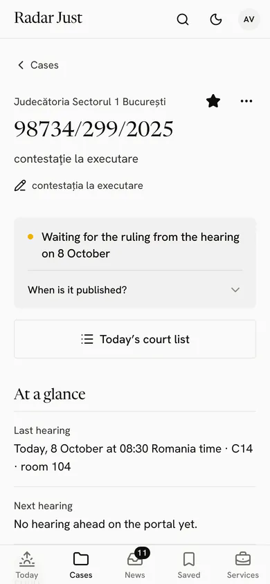 A case’s card: the star, the status “Waiting for the ruling from the hearing of 8 October” and the button for today’s court list.