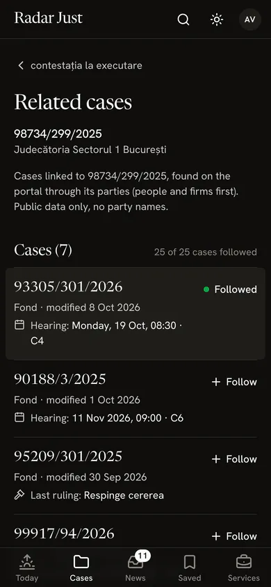 The list of a case's related cases: the same base number at other courts.