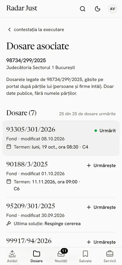 Dosarele asociate unui dosar, găsite după părțile lui: numerele, stadiul, termenul și butonul Urmărește lângă fiecare.