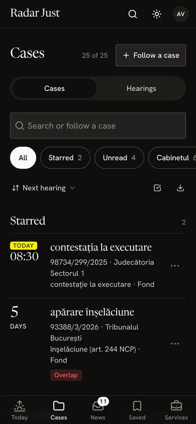 The Cases screen: 25 of 25 cases followed, the Follow a case button, the filters and the starred cases.