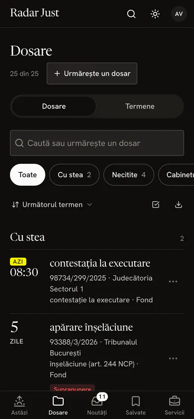 Ecranul Dosare: 25 din 25, butonul Urmărește un dosar, filtrele Toate, Cu stea, Necitite și cel al grupului cabinetului, apoi dosarele cu stea.