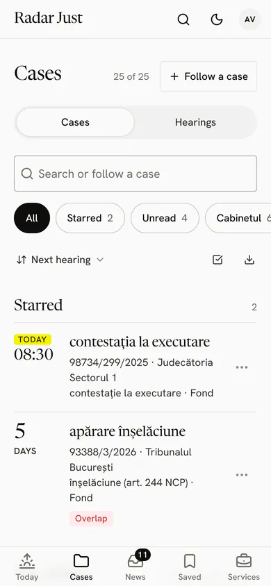 The Cases screen: 25 of 25 cases followed, the Follow a case button, the filters and the starred cases.