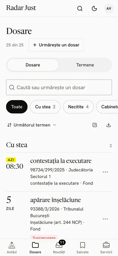 Ecranul Dosare: 25 din 25, butonul Urmărește un dosar, filtrele Toate, Cu stea, Necitite și cel al grupului cabinetului, apoi dosarele cu stea.