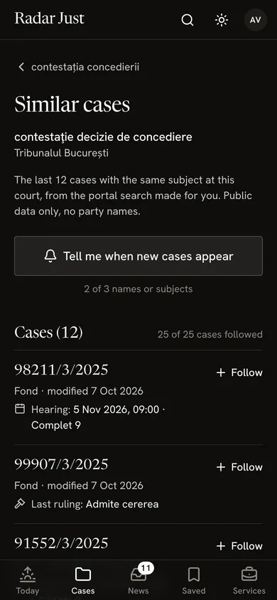 The list of cases with the same subject at the same court.