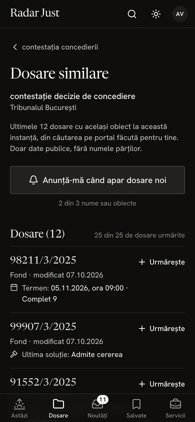 Lista dosarelor cu același obiect la aceeași instanță.