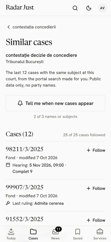 The list of cases with the same subject at the same court.