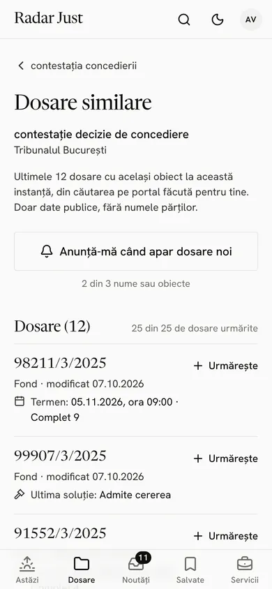 Lista dosarelor cu același obiect la aceeași instanță.