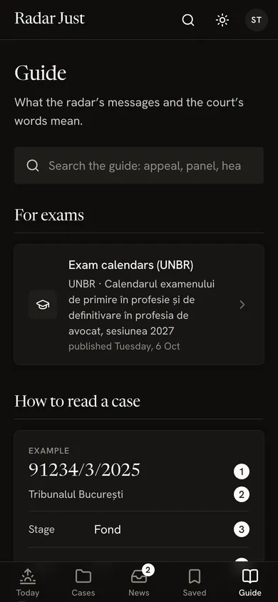 The Guide tab: the guide's search, the UNBR exam calendar and the start of How to read a case, with an example's number, court, stage and panel.