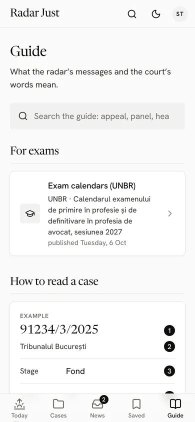 The Guide tab: the guide's search, the UNBR exam calendar and the start of How to read a case, with an example's number, court, stage and panel.