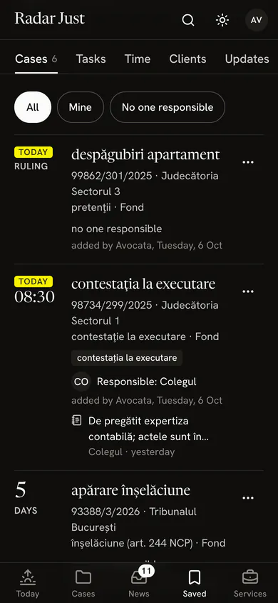 The office’s group: the shared cases, with the filter by person responsible, each with its court, its stage and who handles it.