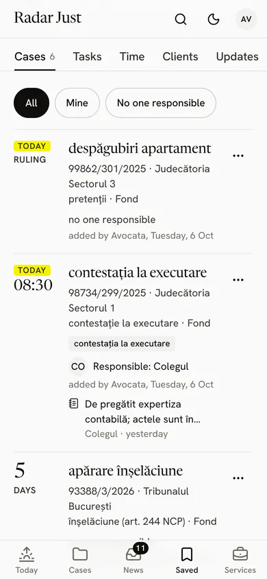 The office’s group: the shared cases, with the filter by person responsible, each with its court, its stage and who handles it.