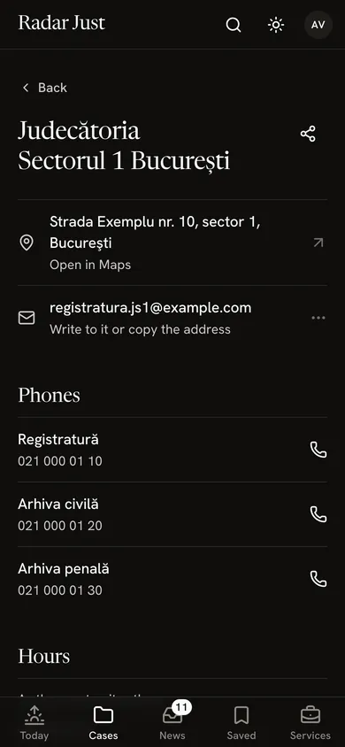 The card of Judecătoria Sectorul 1 București: the address, the phone numbers and the hours, with the date of the last update.