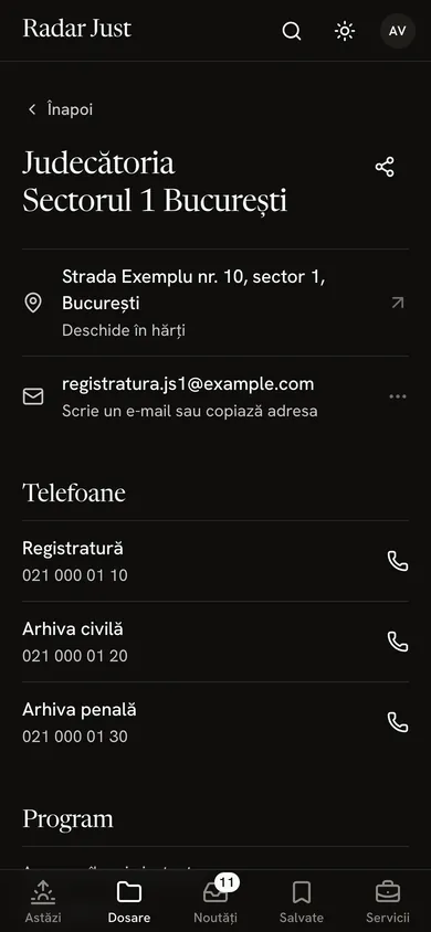 Fișa Judecătoriei Sectorul 1 București: adresa, telefoanele și programul, cu data ultimei actualizări.