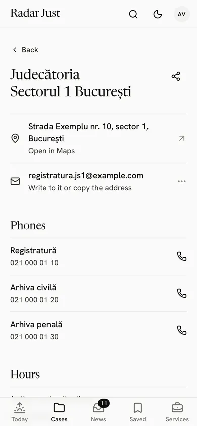 The card of Judecătoria Sectorul 1 București: the address, the phone numbers and the hours, with the date of the last update.