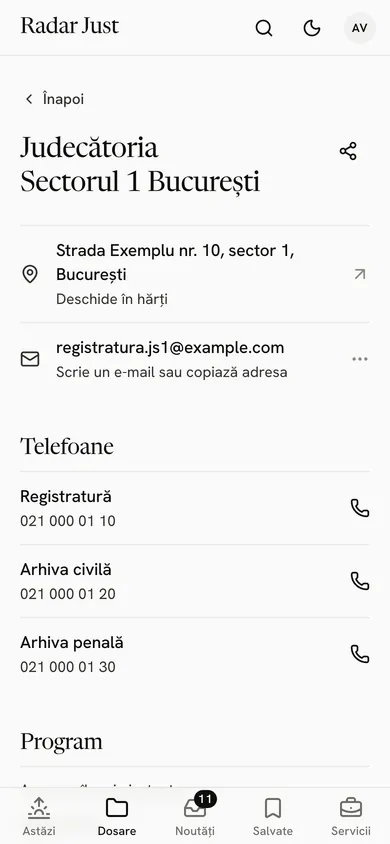 Fișa Judecătoriei Sectorul 1 București: adresa, telefoanele și programul, cu data ultimei actualizări.