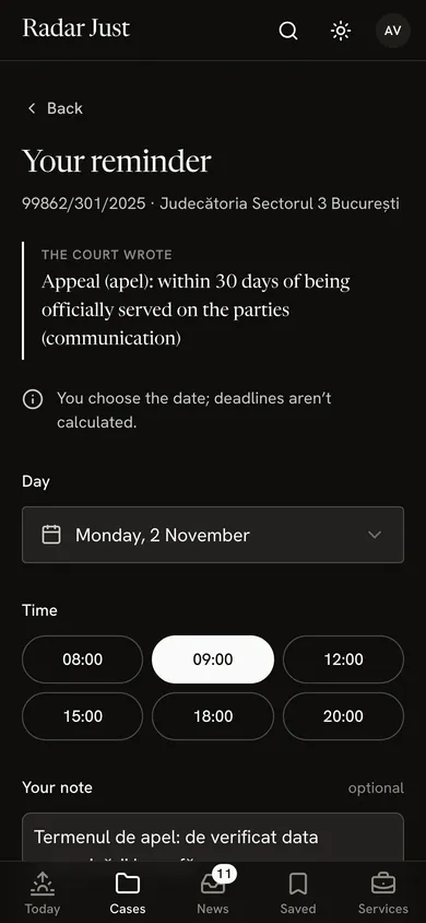 A personal reminder: the case and the court, what the court wrote about the appeal, the note that you choose the date, and the day chosen in the calendar.
