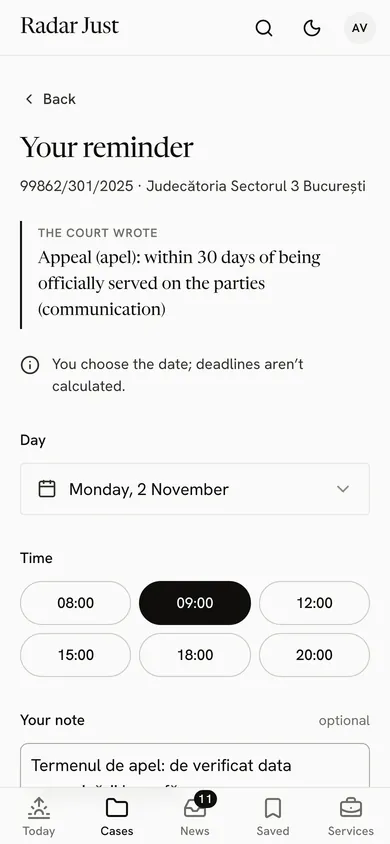 A personal reminder: the case and the court, what the court wrote about the appeal, the note that you choose the date, and the day chosen in the calendar.
